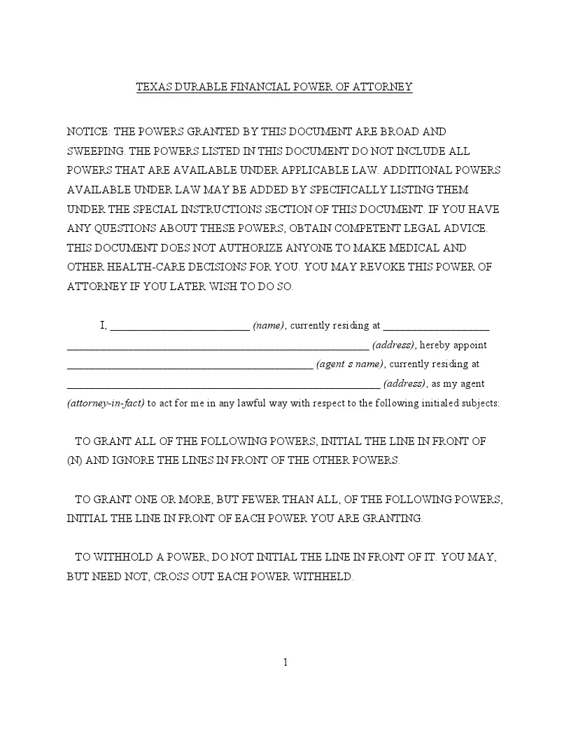 Free Texas Durable Power Of Attorney Form For Finances FormsPal
